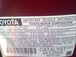 2002 TOYOTA TUNDRA, BURGUNDY, LIMITED, EXTD CAB, 4.7L, AT, 2WD. Z25123
